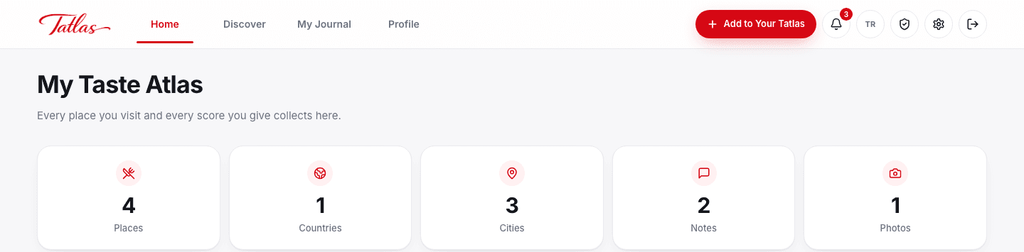 Tatlas home screen showing the number of venues, countries, cities, notes and photos added