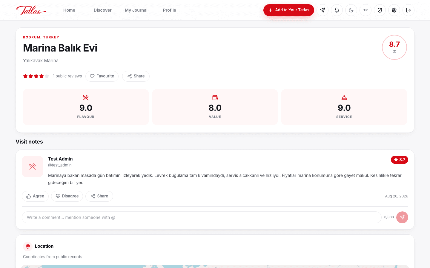 A sample venue page: average score, three category cards and a visit note