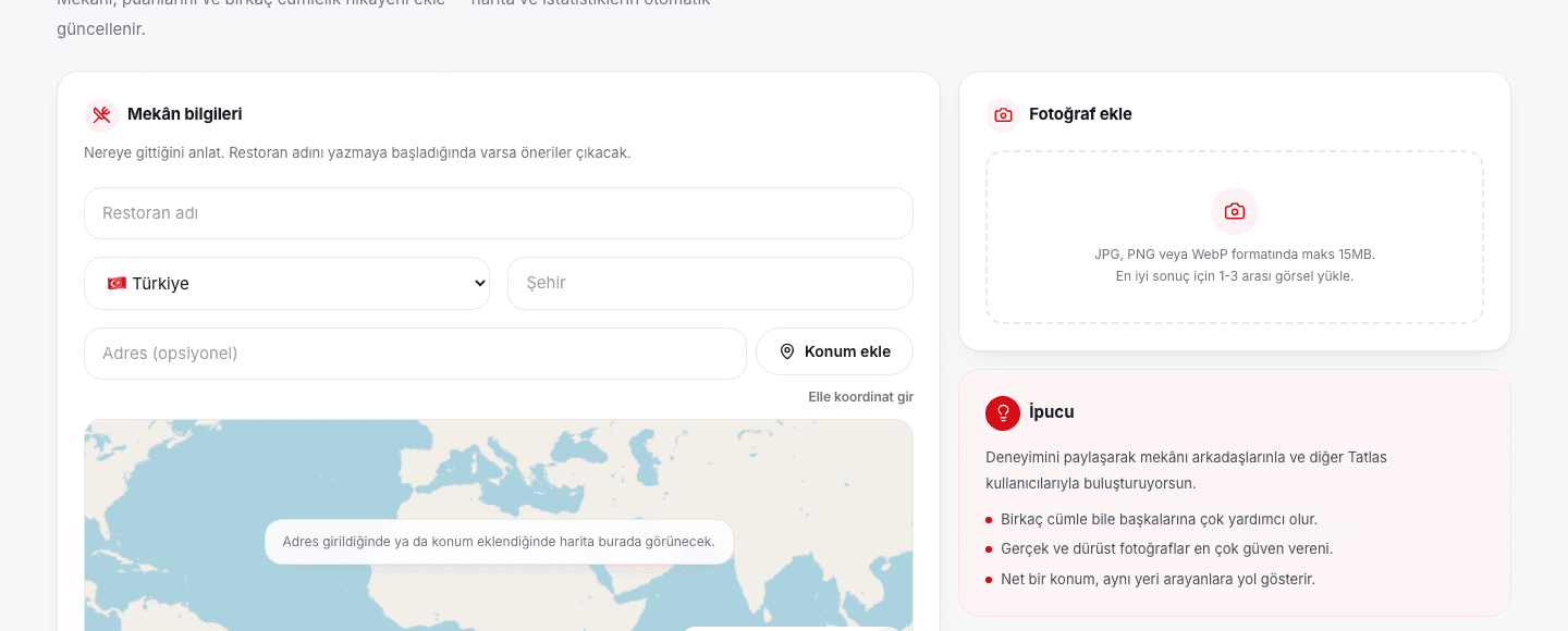 Tatlas'ta yeni bir tat kaydı ekleme ekranı
